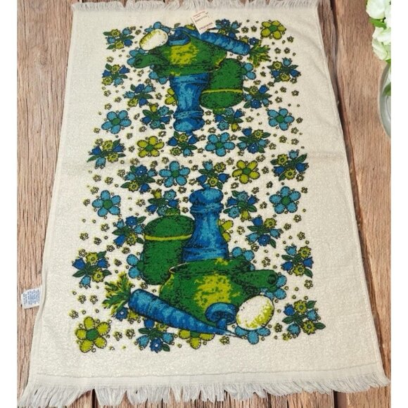 Vintage MCM Mushroom Vegetable Kitchen Hand Towel Made In USA Blue - Picture 1 of 4